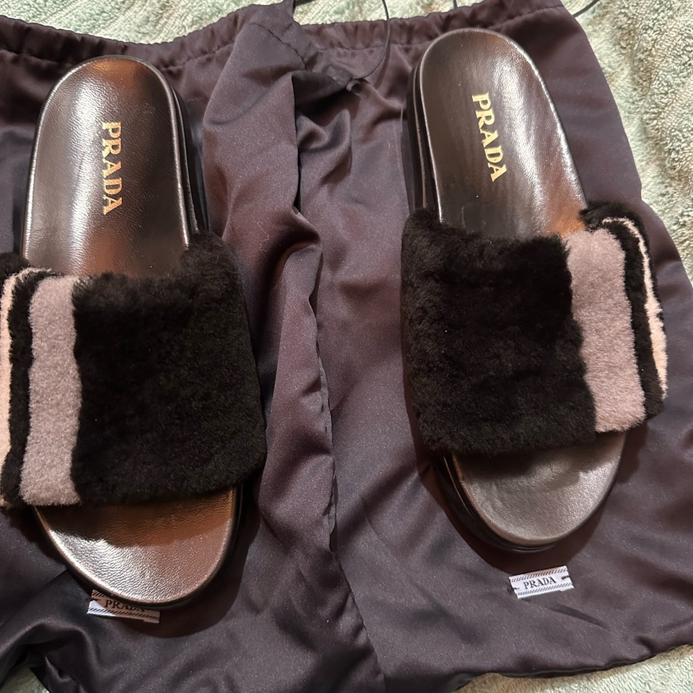 Prada Black and Light Gray Fur Slide Sandals